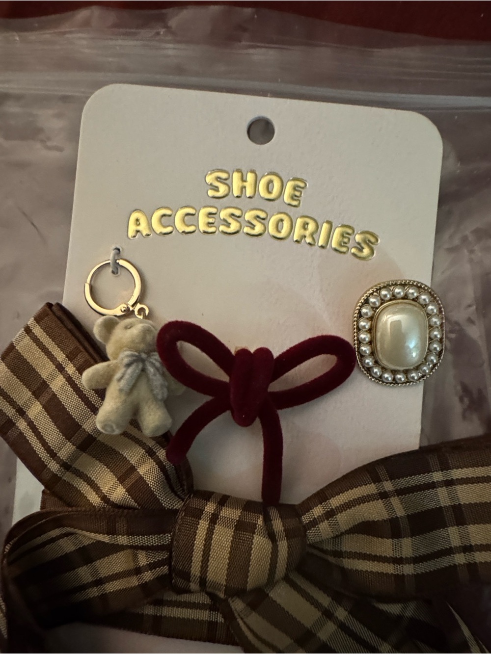 Anthropologie Brown Plaid Bow Shoe Accessories Set with Burgundy Velvet Bow - Picture 2 of 3